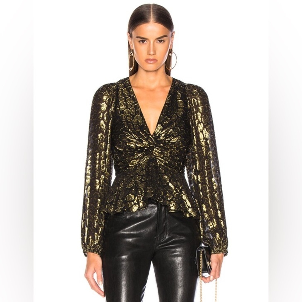 A.L.C. Black Gold Metallic Fil Coupe Jacquard Long Sleeve V Neck Blouse NWT Sz 8
